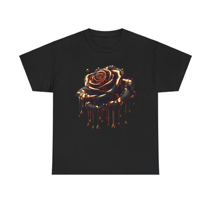 Close-Up Abstract Rose Unisex Cotton Tee Graphic T Shirt featuring an elegant artistic design of a molten rose with reddish-bronze and copper accents, draping gracefully against a dark background, ideal for sophisticated fashion enthusiasts.