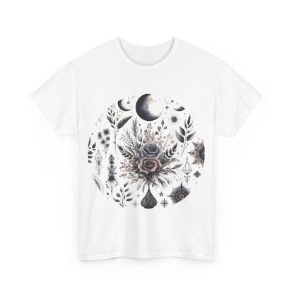 Pure Symphony Floral Graphic Tee in white, adorned with intricate floral graphics against a clean backdrop, epitomising luxury in nature-inspired casual attire.
