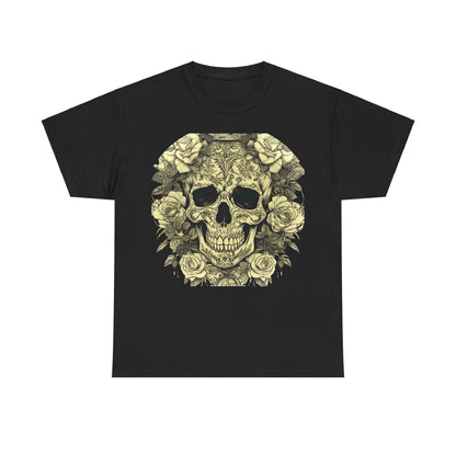 Skulls and Roses Cotton Tee in black; a chic unisex graphic shirt featuring an artistic skull and rose print, designed for those who appreciate edgy elegance.
