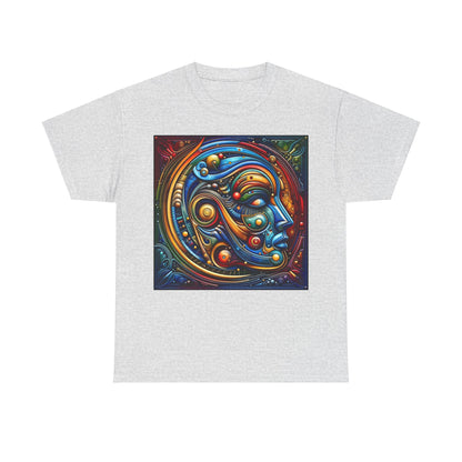 Stained Glass Dreams Unisex T-Shirt in grey highlighting a beautifully detailed face image blended with vivid hues reminiscent of stained glass.