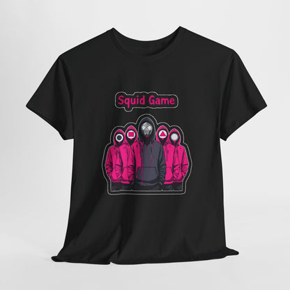 Luxury Squid Game Unisex T-Shirt in black featuring stylized pink hooded figures, perfect for trendsetters who embrace pop culture.