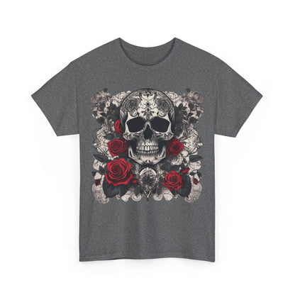 Front view of the dark grey Skulls and Roses Cotton Tee showcasing an elaborate skull and roses graphic, a symbol of chic alternative fashion.