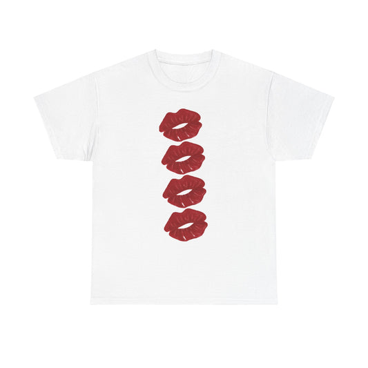 Elegant unisex tee adorned with a chic design of bold red lips, capturing the essence of love and adventure on a fresh white canvas.