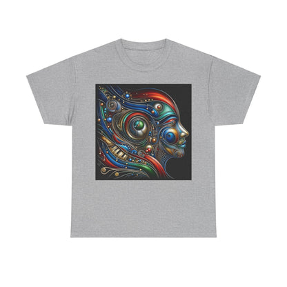 Stained Glass Dreams Unisex T-Shirt in grey, highlighting a detailed artistic graphic of a face with vibrant colours, embodying a sense of luxury and creative expression in fashion.