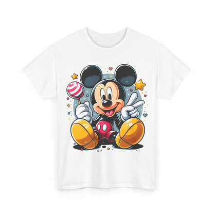 Front view of the vibrant Mickey Mouse unisex graphic tee shirt featuring Mickey in a playful design with cheerful details, showcasing a joyful aesthetic.