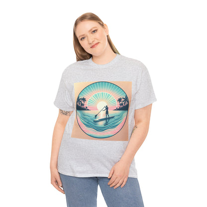 Variety of sizes for the Delightfull Paddle Board T-Shirt by Dazzling Dreams Studio, demonstrating inclusivity for all paddleboarding enthusiasts in a luxury outdoor setting.