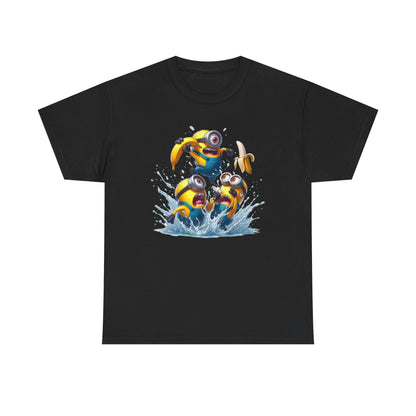 Mens Funny T-Shirt: Minions Banana Splash features playful Minions splashing in water, perfect for fans of Despicable Me. This vibrant design is ideal for anyone looking for a funny t-shirt that's both fun and stylish.