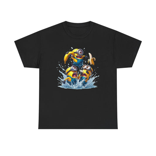 Mens Funny T-Shirt: Minions Banana Splash features playful Minions splashing in water, perfect for fans of Despicable Me. This vibrant design is ideal for anyone looking for a funny t-shirt that's both fun and stylish.
