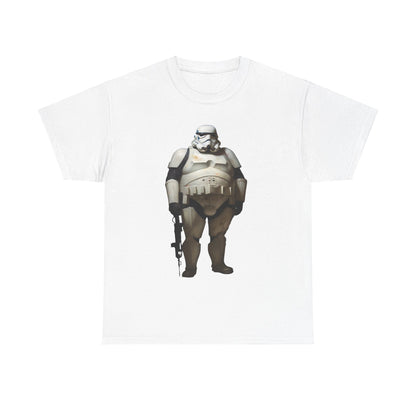 Chubby Stormtrooper Graphic Unisex Tee Shirt in white, featuring a playful and whimsical design of a larger-than-life Stormtrooper with weathered details and modern aesthetic.