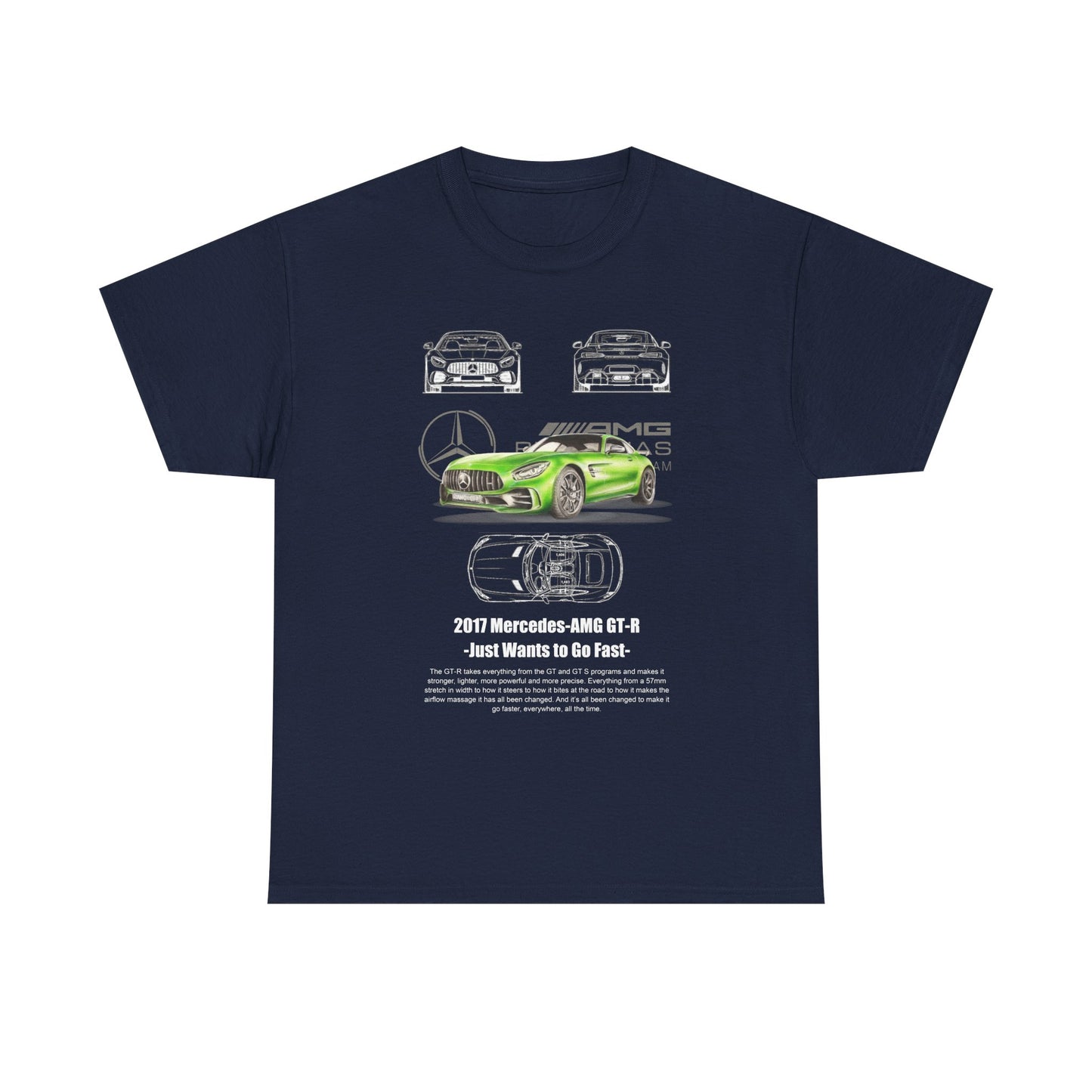Men's Mercedes-AMG GT-R T-shirt in navy, showcasing a bold green visual of the 2017 Mercedes-AMG GT-R, enriched with artistic line sketches that capture the car's luxury performance essence.