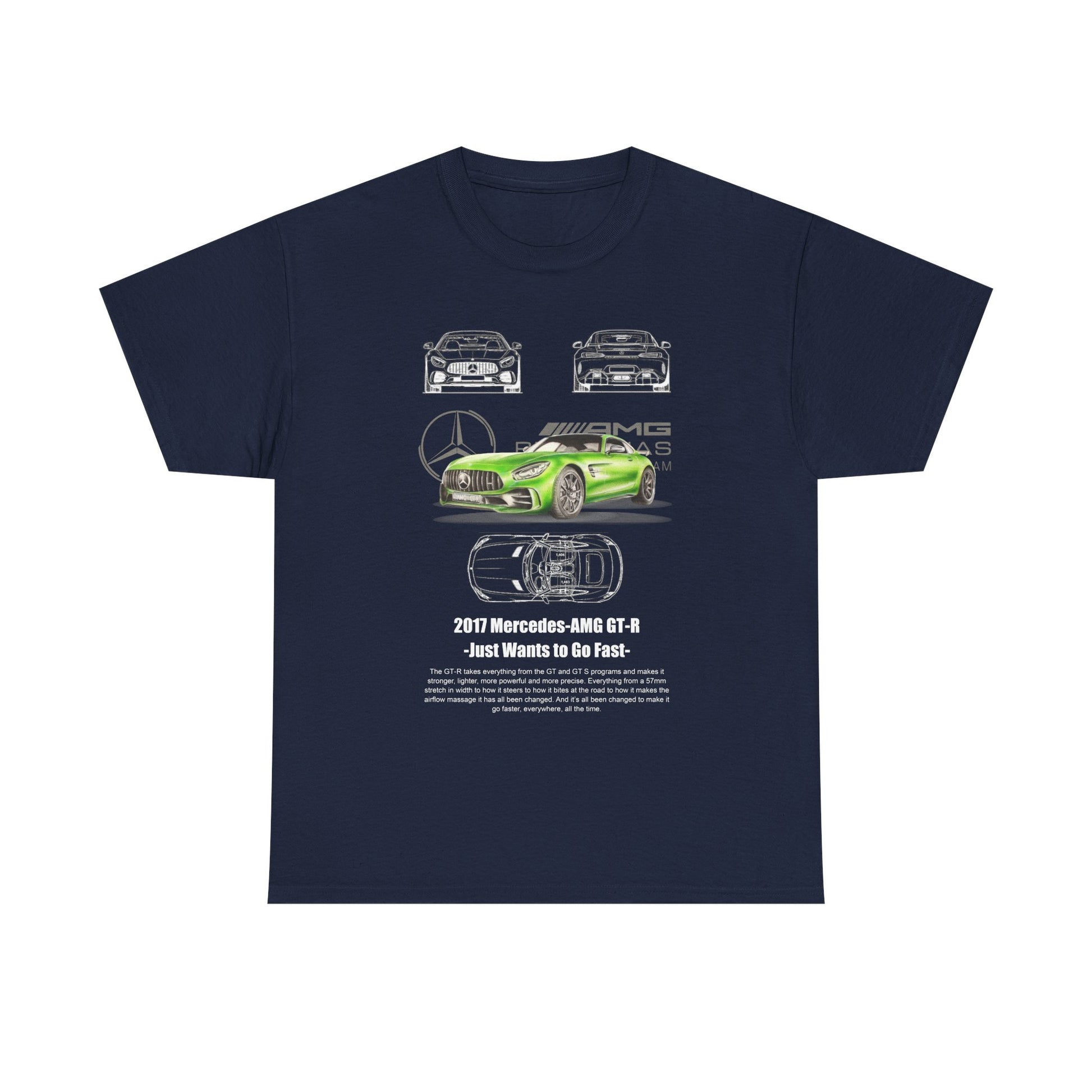 Men's Mercedes-AMG GT-R T-shirt in navy, showcasing a bold green visual of the 2017 Mercedes-AMG GT-R, enriched with artistic line sketches that capture the car's luxury performance essence.