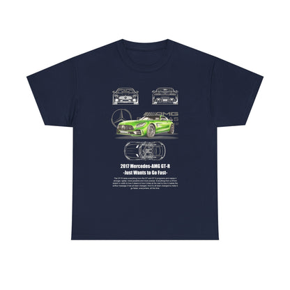 Men's Mercedes-AMG GT-R T-shirt in navy, showcasing a bold green visual of the 2017 Mercedes-AMG GT-R, enriched with artistic line sketches that capture the car's luxury performance essence.