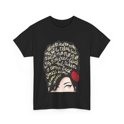 Amy Rehab Lyrics Graphic Tee - Luxurious Unisex Cotton T-Shirt featuring artistic design with iconic lyrics in gold text against a black background.