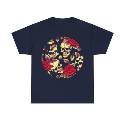 Stunning front design of the Skulls and Roses Cotton Tee in navy, featuring an intricate pattern of skulls and roses, blending luxury and edginess.