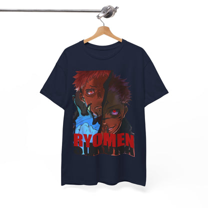 Premium navy t-shirt featuring an eye-catching graphic of Ryomen Sukuna, elegantly displayed on a hanger to accentuate its designer appeal.
