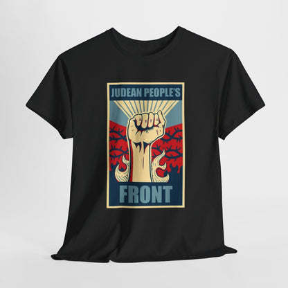 Judean Peoples Front Unisex Men Women Graphic Funny T Shirt Tee Urban street in luxurious black fabric featuring a vintage-style design with a raised clenched fist, symbolising defiance against the mundane, complete with vibrant flames and thorny branches.