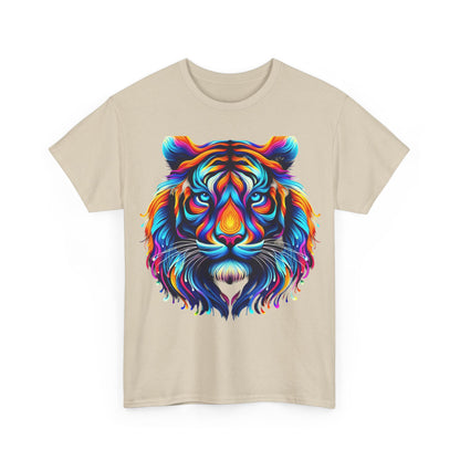 The front view of the vibrant Tiger's Whimsy Graphic Tee showcasing an intricate kaleidoscopic tiger design, a statement piece for art and fashion lovers.