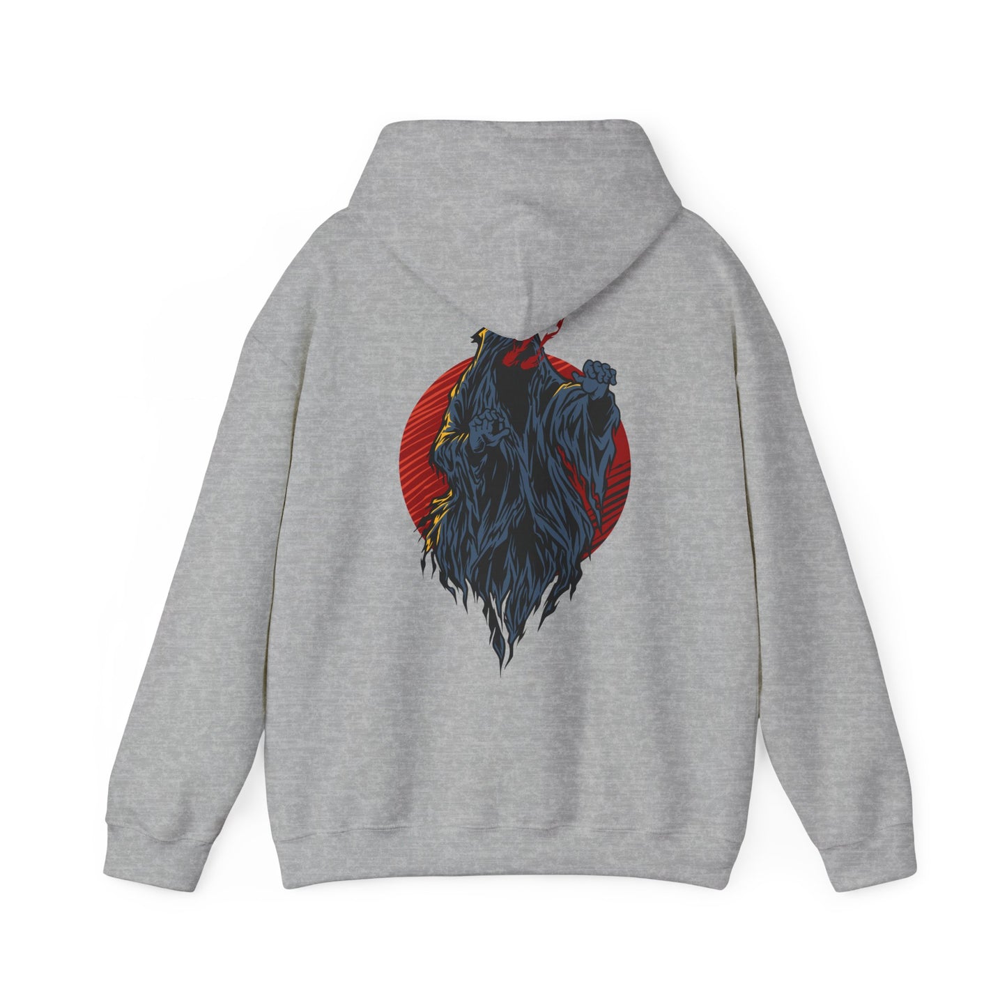 Elegant grey hoodie showcased from the back, displaying a captivating demon illustration highlighted in bold colours, encapsulated within a vibrant red circle, ideal for a statement look.