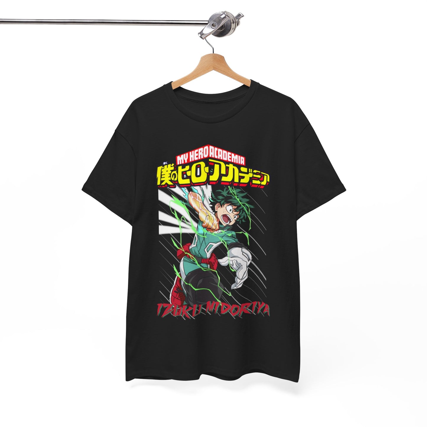 Elegant black Izuku Midoriya tee displayed on a wooden hanger, showcasing the dynamic artwork and appealing design for fashion lovers.