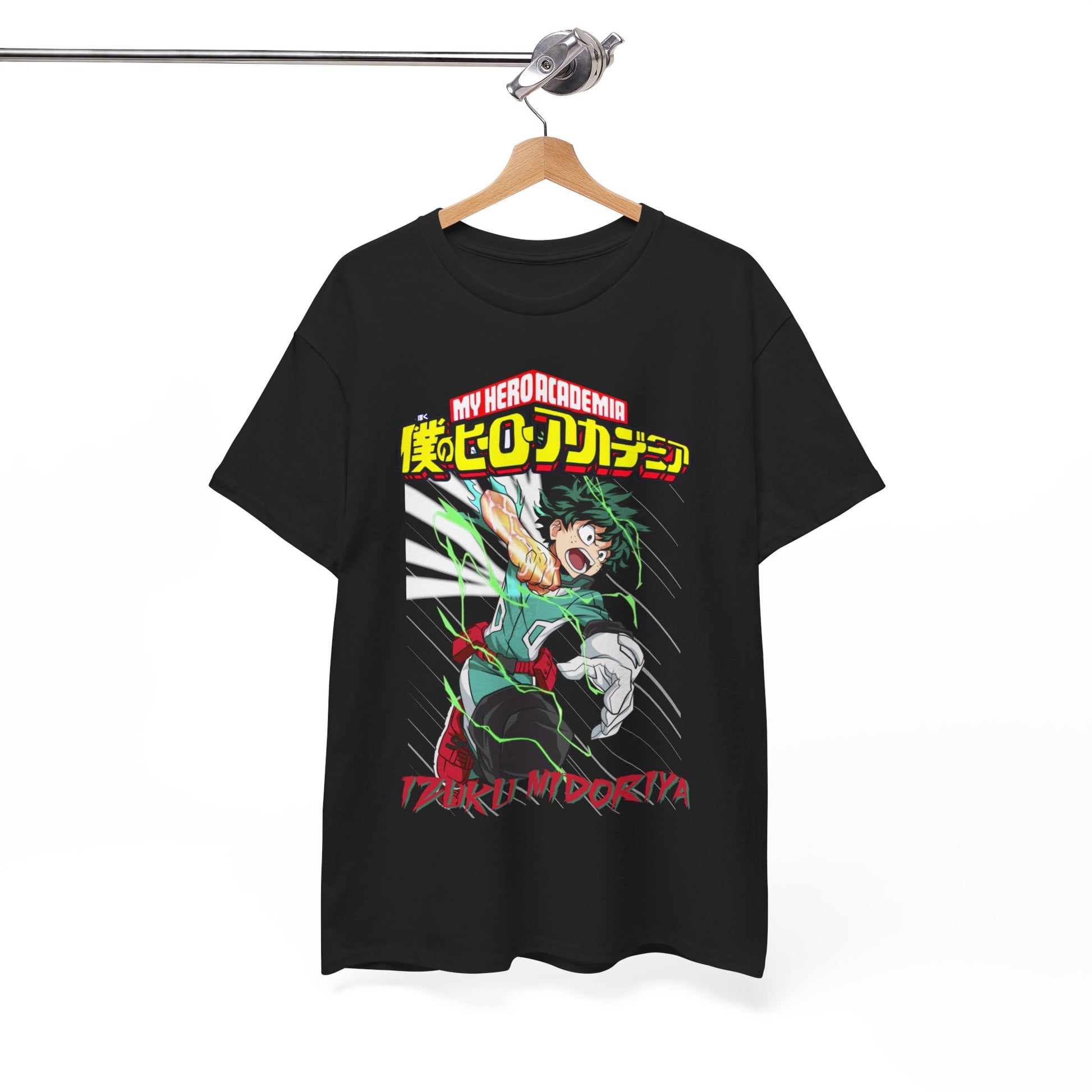 Elegant black Izuku Midoriya tee displayed on a wooden hanger, showcasing the dynamic artwork and appealing design for fashion lovers.