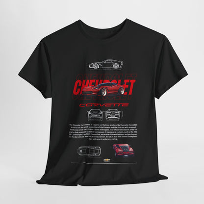 Stylish display of a black men's t-shirt adorned with Chevrolet Corvette design elements, offering a sophisticated touch to any automotive enthusiast's wardrobe.