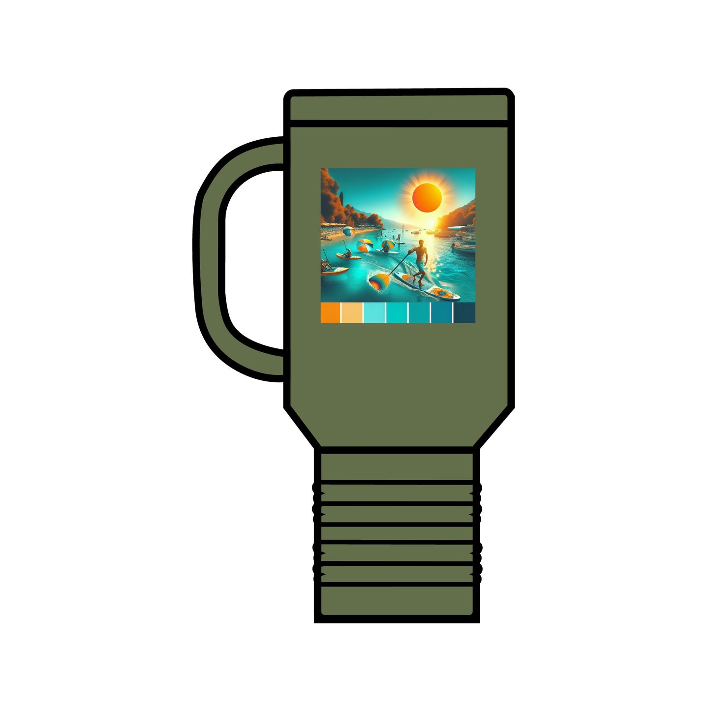 Stylish Fantasy Paddleboarding 40oz Insulated Travel Mug in olive green displaying an adventurous scene with paddleboarders, designed for those who appreciate both style and functionality.