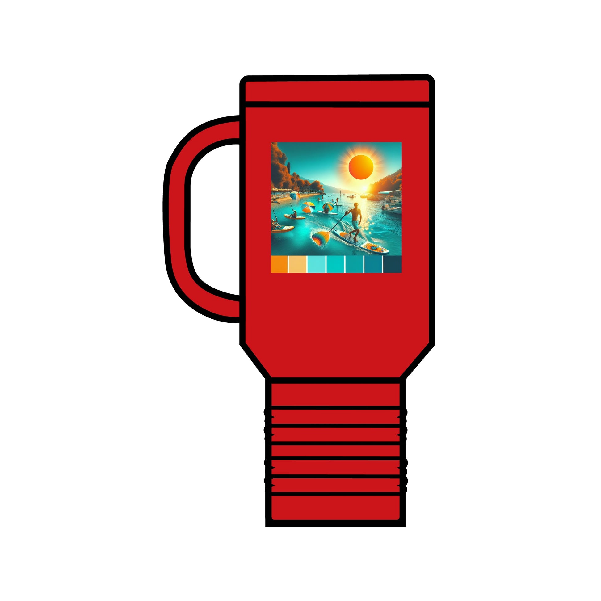 Vibrant Fantasy Paddleboarding 40oz Insulated Travel Mug in red, adorned with a picturesque paddleboarding scene at sunset, perfect for both avid adventurers and elegant gatherings.