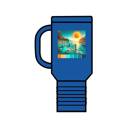 Fantasy Paddleboarding 40Oz Insulated Travel Mug featuring an artistic illustration of paddleboarding at sunset, showcasing vibrant colours and a luxurious ergonomic handle.
