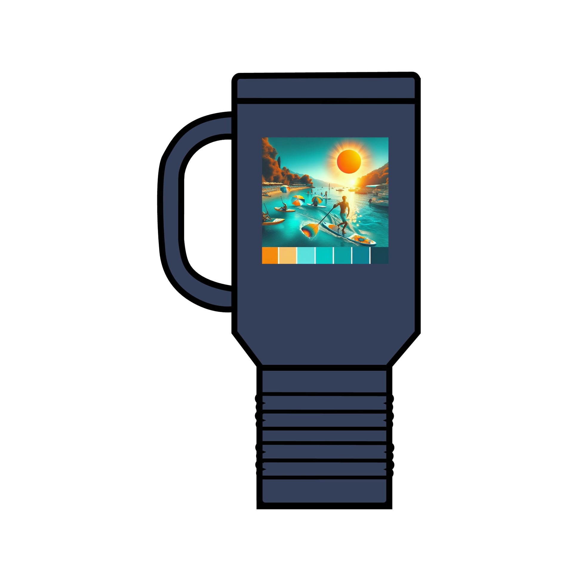 Elegant Fantasy Paddleboarding 40oz Insulated Travel Mug in navy blue featuring a lively graphic of paddleboarding against a sunset backdrop, ideal for hydration on the go.