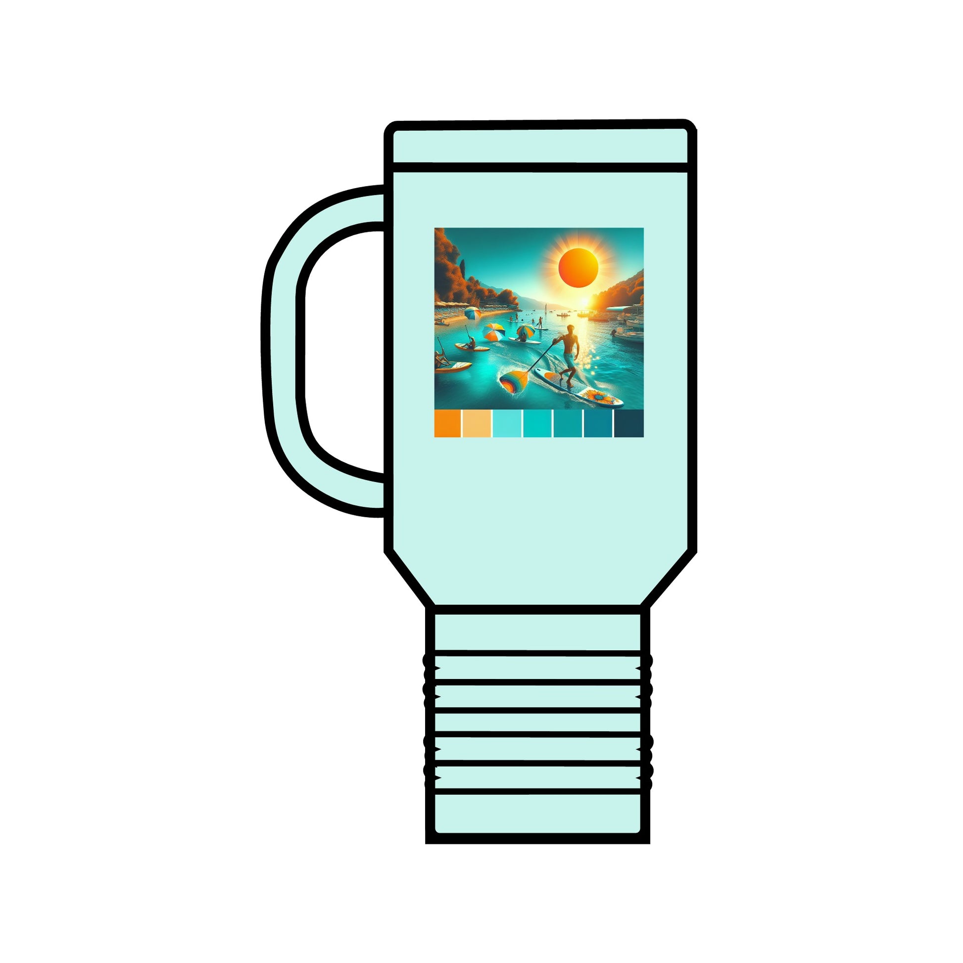 Fantasy Paddleboarding 40Oz Insulated Travel Mug displaying a captivating graphic of serene paddleboarding under the sun, designed for elegance and comfort in a stylish blue finish.