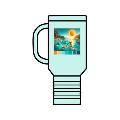 Fantasy Paddleboarding 40Oz Insulated Travel Mug displaying a captivating graphic of serene paddleboarding under the sun, designed for elegance and comfort in a stylish blue finish.