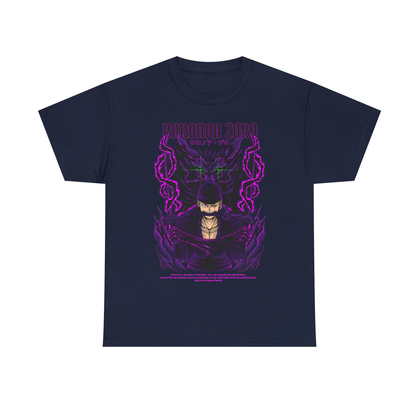 Refined navy Roronoa Zoro graphic tee displaying a striking depiction of the famed anime warrior, accentuated by vibrant purple hues, perfect for elevating casual attire.