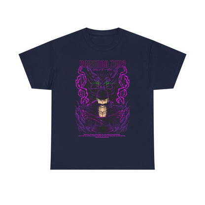 Refined navy Roronoa Zoro graphic tee displaying a striking depiction of the famed anime warrior, accentuated by vibrant purple hues, perfect for elevating casual attire.