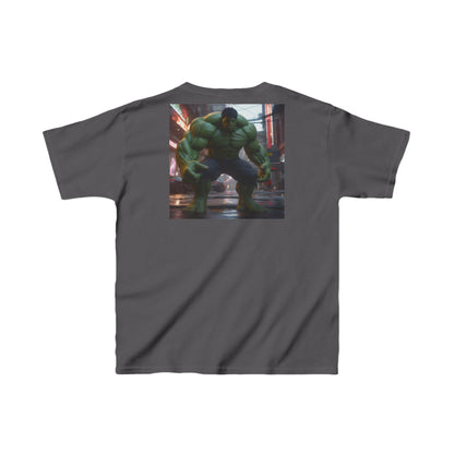 Kids Heavy-Duty Hulk Graphic Tee featuring a striking image of the Hulk for budding superheroes, offered in a sophisticated dark grey shade.