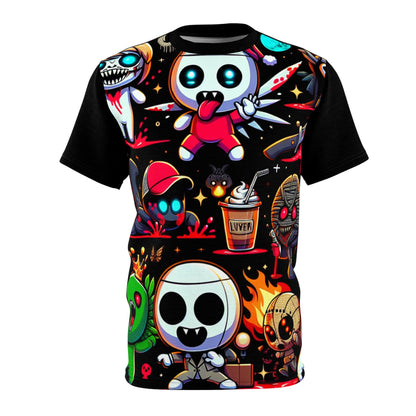 Scribble Spectre Tee from Dazzling Dreams Studio featuring whimsical horror scene with cute cartoon characters on a striking black backdrop for unique stylish expression.