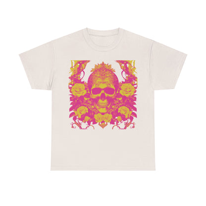 Skulls and Roses Cotton Tee - Elegant unisex graphic shirt showcasing a captivating skull and roses design in pink and yellow on a beige background.