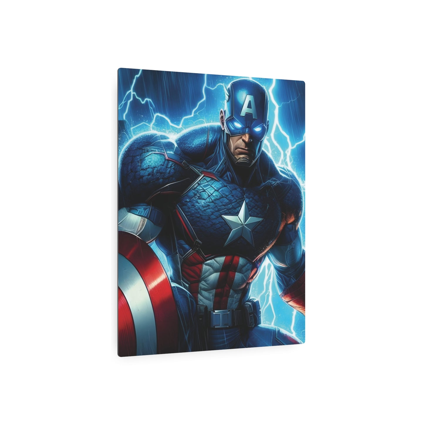 Marvel Captain America Metal Art Poster capturing the essence of Captain America with a striking visual of him poised amidst electric blue accents. This premium aluminium art piece elevates any room's decor, embodying luxury and heroism.