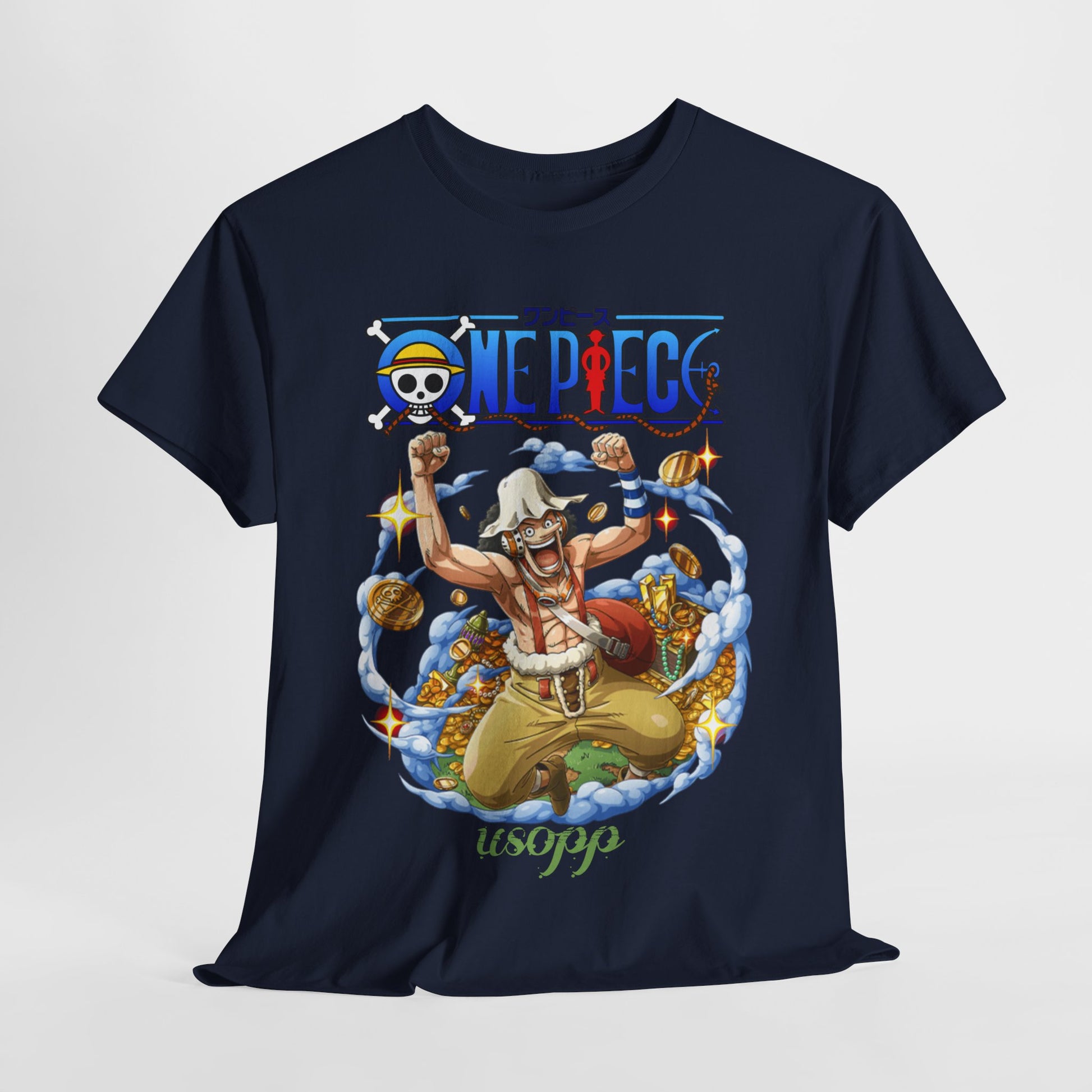 Dynamic navy Usopp men's t-shirt elegantly arranged to highlight the splendid illustration of Usopp, a symbol of adventure from One Piece.
