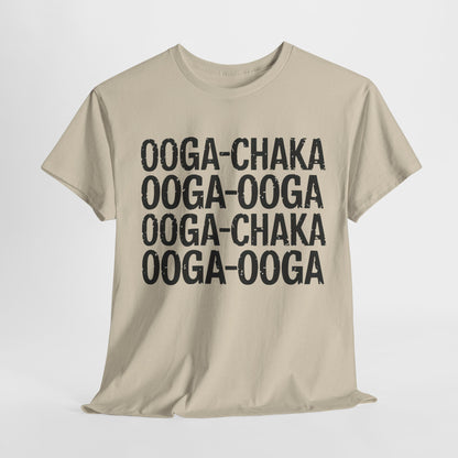 Luxury unisex cotton graphic t-shirt titled 'Hooked On a Feeling' featuring the phrase 'Ooga Chaka' in bold black print, set against a minimalist background.
