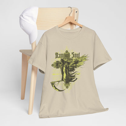 Stylish beige t-shirt draped over a modern chair, featuring a dramatic Grim Reaper design with wings and the title 'Damned Soul', perfect for a fashionable look.