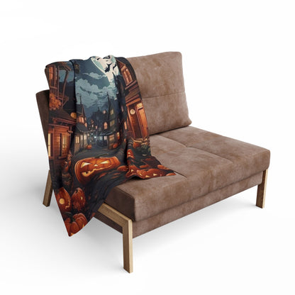 Decorative and Warm Halloween Spooky Arctic Fleece Blanket elegantly draped over a chic sofa, enhancing the festive atmosphere with a touch of luxury.