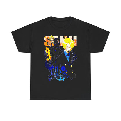Classy black t-shirt highlighting an eye-catching anime design, merging fashion with beloved anime culture for luxury enthusiasts.