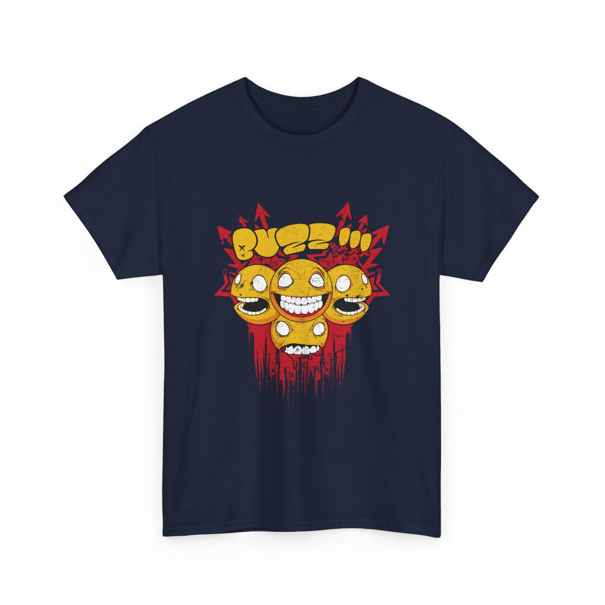 Front view of an upscale navy blue t-shirt displaying a bold graphic design of cheerful yellow smiley faces with a dynamic red background, ideal for making a statement.