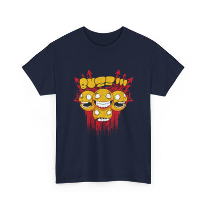 Vibrant front view of a navy men's t-shirt featuring a bold graphic design with smiley faces and striking typography, perfect for a statement look.