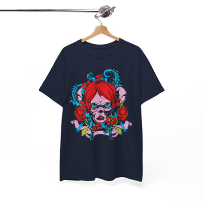 Sophisticated navy t-shirt displayed on a hanger, adorned with an eye-catching artistic graphic of a skull and vibrant floral accents, exuding unique fashion flair.