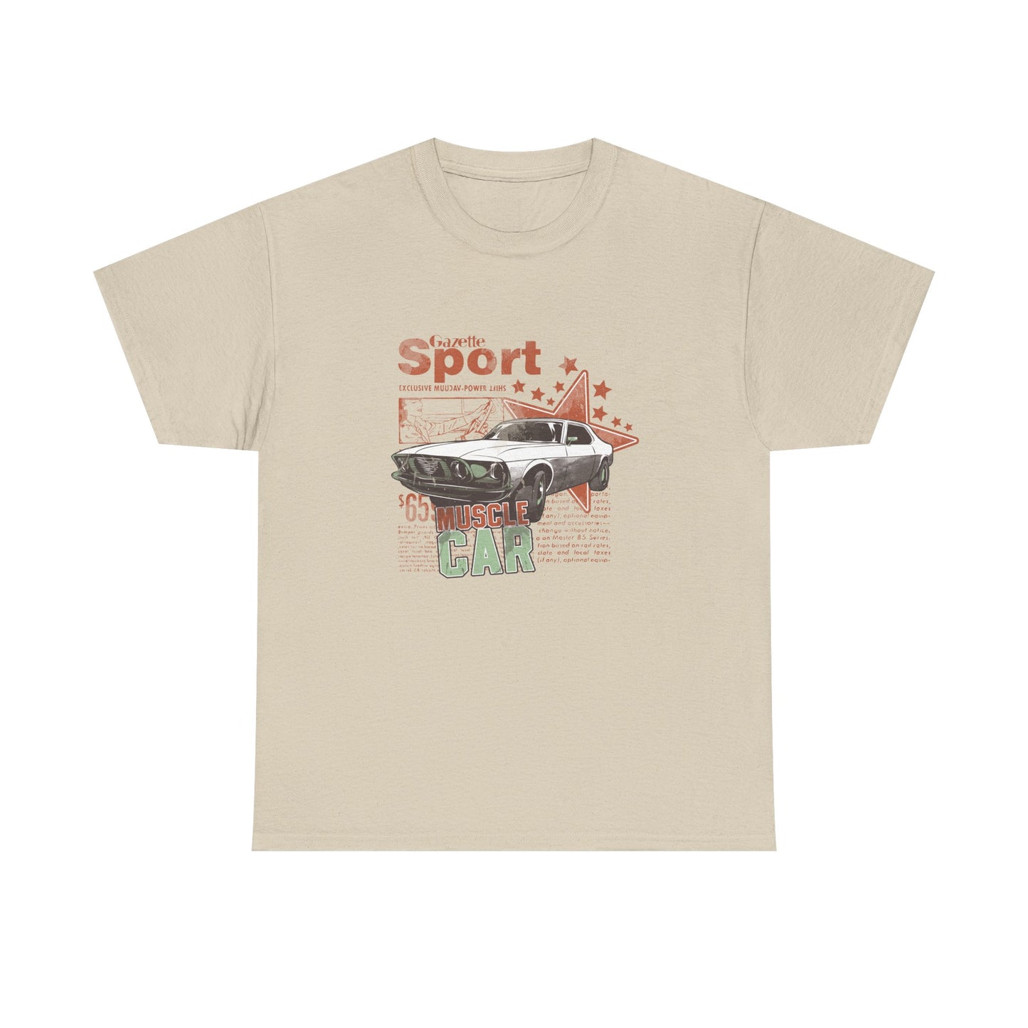 Sophisticated beige T-shirt displaying a vintage muscle car graphic alongside 'Gazette Sport' lettering and retro design elements, tailored for automotive aficionados.