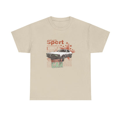 Sophisticated beige T-shirt displaying a vintage muscle car graphic alongside 'Gazette Sport' lettering and retro design elements, tailored for automotive aficionados.