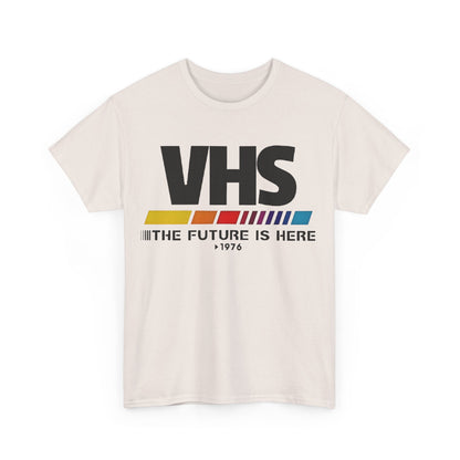 VHS Retro Logo Graphic Tee for Unisex, featuring a vibrant front graphic design, embodying a nostalgic charm and modern style.