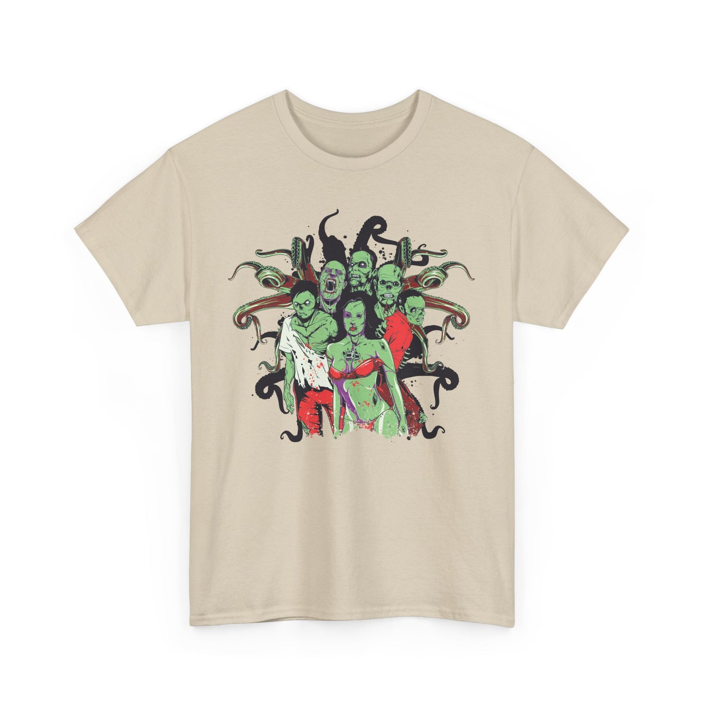 Stylish men's t-shirt featuring a vibrant cartoonish undead design with six zombies, perfect for making a striking fashion statement.