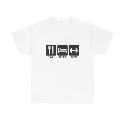 Luxurious white t-shirt featuring a minimalist graphic design with essential lifestyle icons: fork and knife for eating, bed for sleeping, and dumbbell for gym workouts, presented in bold black squares.